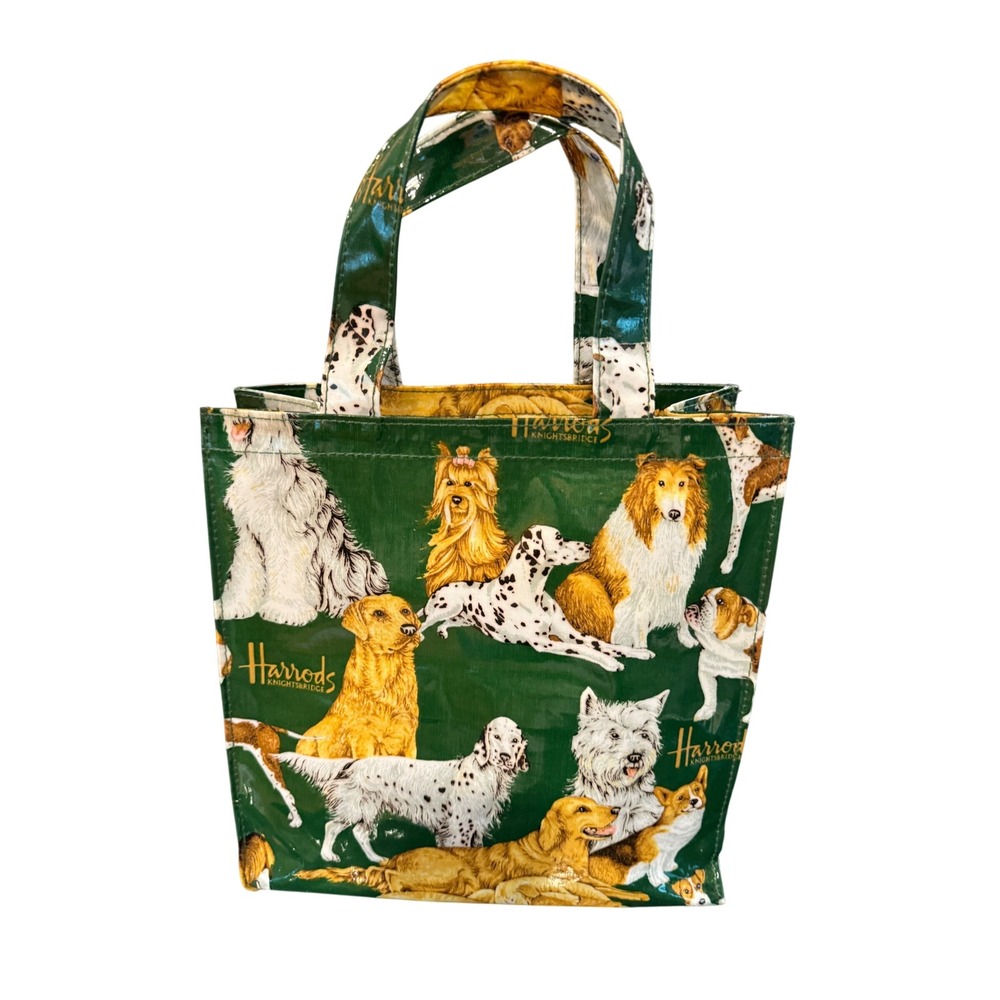 Harrods Knightsbridge Dog Breed Print Small Green PVC Shopper Tote Bag 10x10x4 - Picture 2 of 4